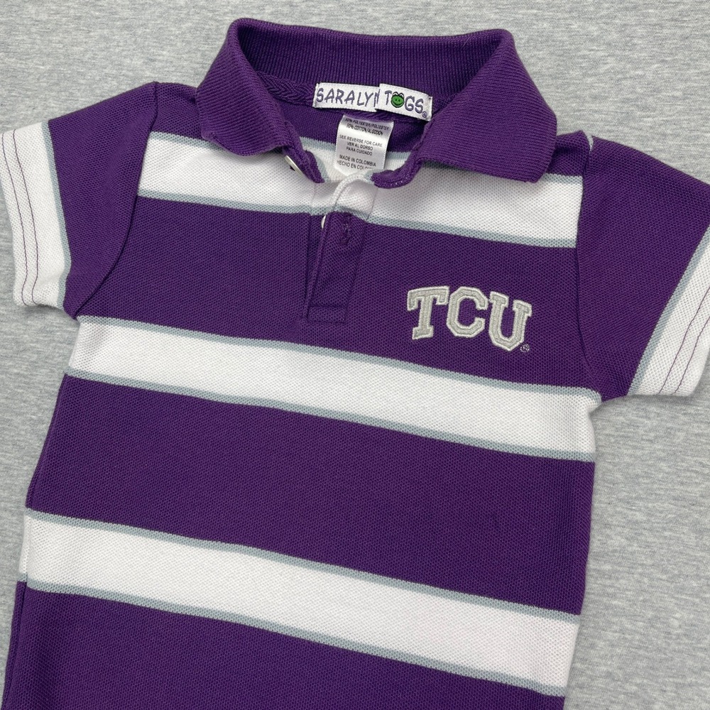 TCU Horned Frogs Baby Romper Onesie 12M Purple White Striped Polo Polo Body Suit